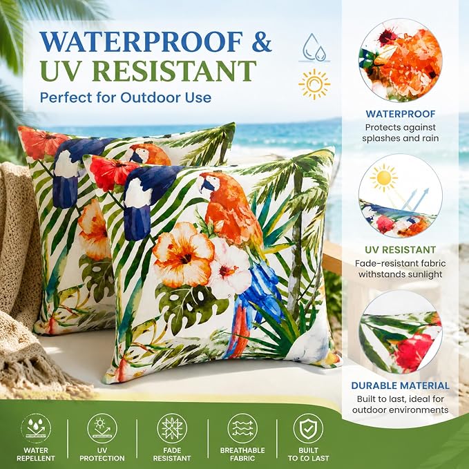 2pcs Outdoor Decor Pillows, Insert and Cover, Waterproof & Fade-Resistant Patio Couch Cushions for Garden, Porch, Poolside Sofa (Tropical Parrot, 18x18in)