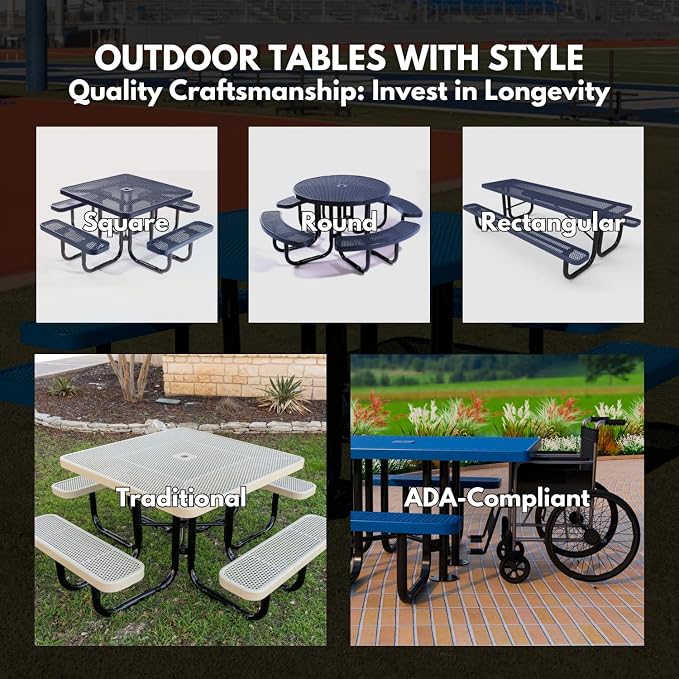 COATEDOUTDOORFURNITURE Heavy-Duty Portable Outdoor Picnic Table with Umbrella Hole, Punched Steel Commercial-Grade Patio Dining Furniture Made in America (46" Square Top, Tan)