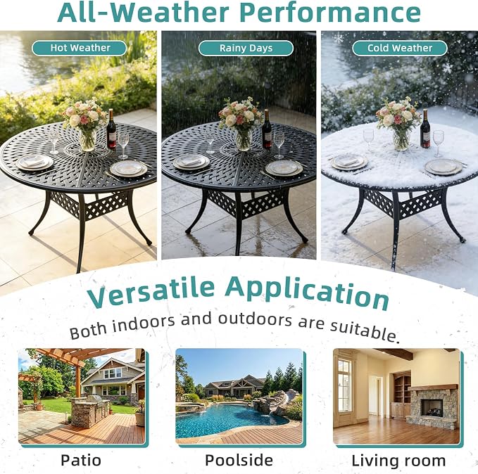 MEETWARM Outdoor 61" Round Patio Dining Table with Detachable Lazy Susan, All Weather Cast Aluminum Large Patio Furniture Table Set for 8 Seat with 31" Rotating Tray, Umbrella Hole, Dark Bronze