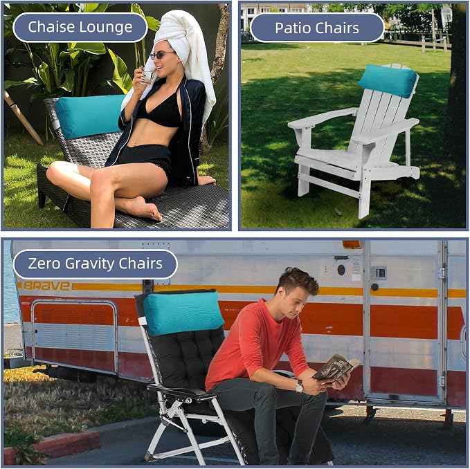 Chaise Lounge Head Pillow, 2 Pack Outdoor Patio Pillows with Adjustable Strap, Lounge Head Resting Pillow for Recliner Beach Pool Lounger Office Chair，Water Resistant Light Blue