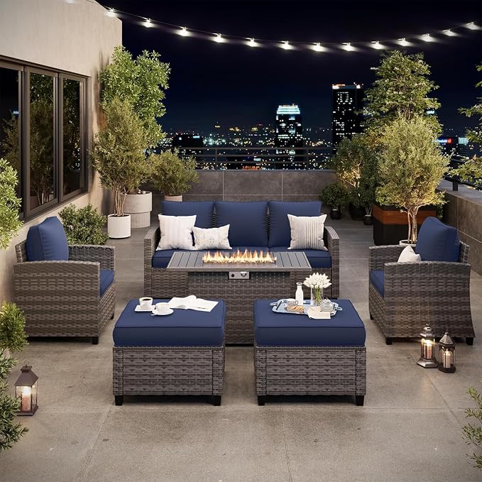 6 Pcs Patio Furniture Set with 44" Propane Gas Fire Pit Table, Rattan Outdoor Couch with Ottomans, 4" Thick Cushions for Backyard Garden Deck,Navy Blue