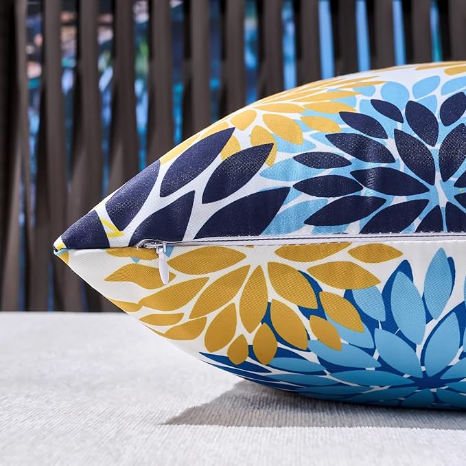 Set of 2 Dahlia Throw Pillow Covers Blue and Yellow Decorative Cushion Covers 16×16 Inches Outdoor Waterproof Pillowcases Blue and Yellow for Living Room Patio Garden