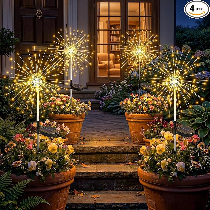 Solar Firework Lights Outdoor 4 Pack, 120LED Solar Starburst Garden Lights with 8 Modes,Waterproof Decorative Fairy Light for Backyard, Garden, Patio & Lawn Landscape Decor