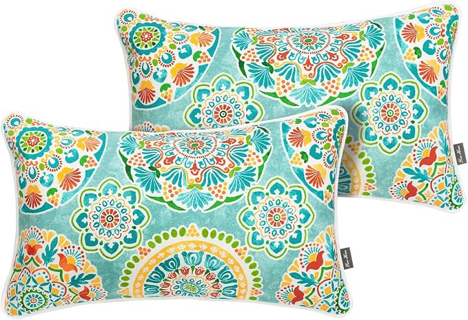 FUNHOME Outdoor Lumbar Pillow with Insert 12x20 Inch Pack of 2-Cyan Circle | Outdoor Pillows for Patio Furniture, Water-Repellent, Decorative Garden Pillows for Home Patio Coach Sofa Use
