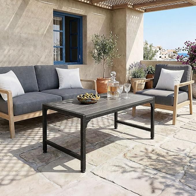 ODK Outdoor Coffee Table, Rectangle Weather-Resistant Patio Coffee Table for Garden, Balcony, Hot Tub, Poolside, Heavy-Duty Metal Frame, Grey