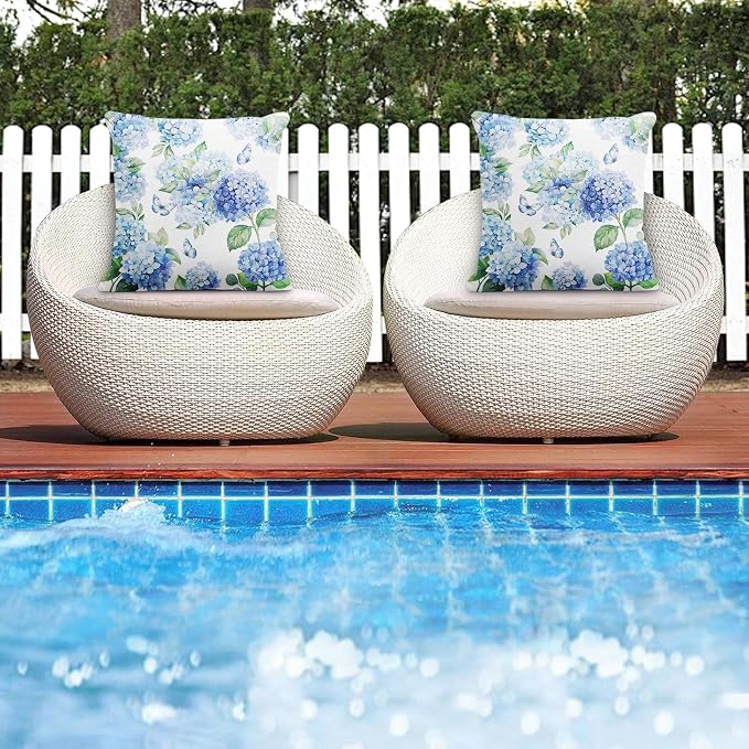 Throw Pillow Covers, Blue Hydrangea Floral, 18 x 18 Inch, Set of 2 | Waterproof outdoor square cushion case pillowcase for farmhouse garden couch beach patio decorative pillows