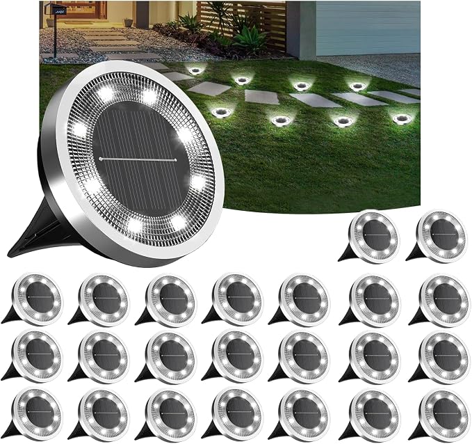 INCX 24Pack Solar Ground Lights Outdoor, 8 LED, IP65 Waterproof, Cold White | 600mAh Ni-MH battery, 8-10h runtime, stainless steel, ABS and PP body, solar garden lights for pathways, lawns and driveways