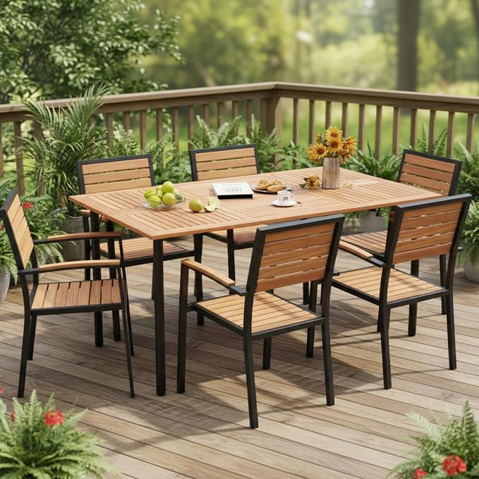 Tangkula 63" Acacia Wood Patio Dining Table for 6, Rectangular 6-Person Outdoor Dining Table with Metal Legs & Umbrella Hole, Indoor Outdoor Dining Furniture for Deck, Garden, Poolside & Backyard