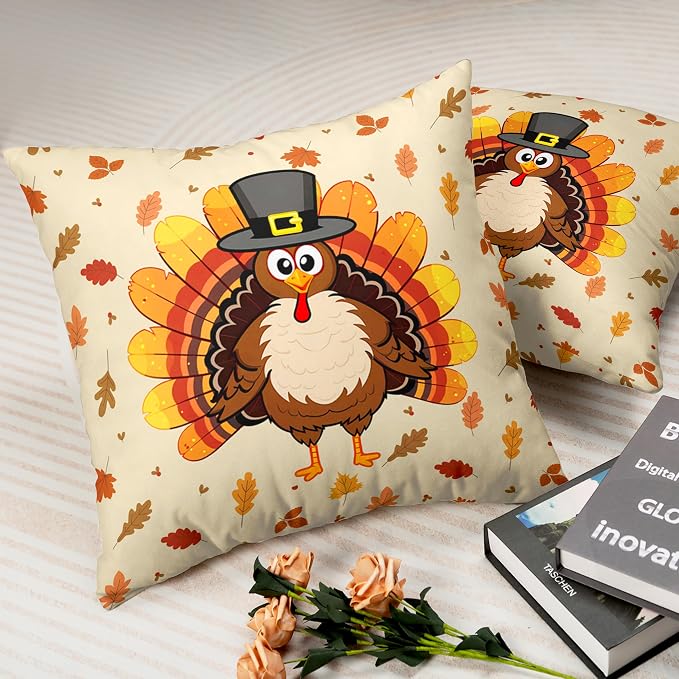 Happy Thanksgiving Pillow Covers 18x18 Cute Cartoon Turkey with Fall Maple Leaves Throw Pillow Covers Square Cotton Blend Pillow Case Set of 2 for Living Room Sofa Bedding