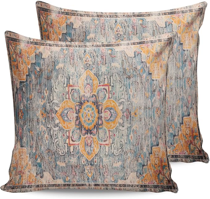 Prime Leader Outdoor Waterproof Pillow Covers Set of 2, Geometric Abstract Carpet Flowers Pattern Yellow Patio Throw Pillow Covers, Decorative Cushion Case for Couch Sofa Furniture Garden, 26x26 Inch