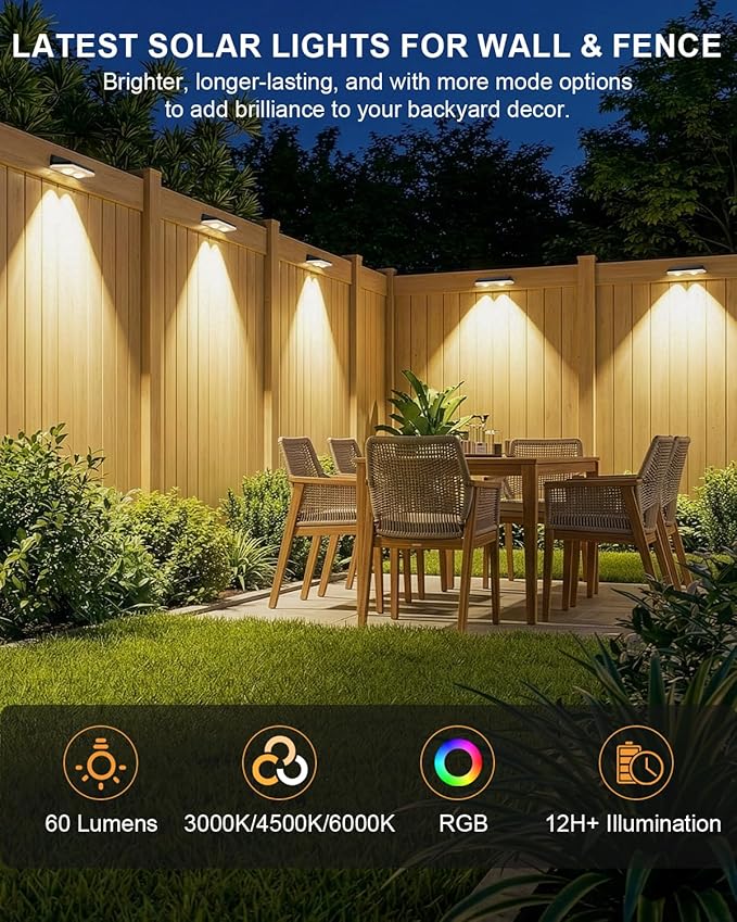 Solar Fence Lights Outdoor,3000/4500/6000K/RGB 13 Mode 16PACK Fence Lights Solar Powered High Brightness LED Lens IP65 Waterproof Solar Wall Light for Outside/Patio/Step/Backyard/Railing Pool/Deck