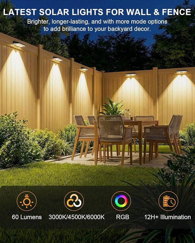 16 Pack Solar Fence Lights Outdoor ,Warm White + RGB 13 Color Mode Fence Lights Solar Powered with Ultra-Bright Lens IP65 Waterproof,Solar Wall Light for Backyard/Step/Patio/Deck/Stair/Railings/Fence