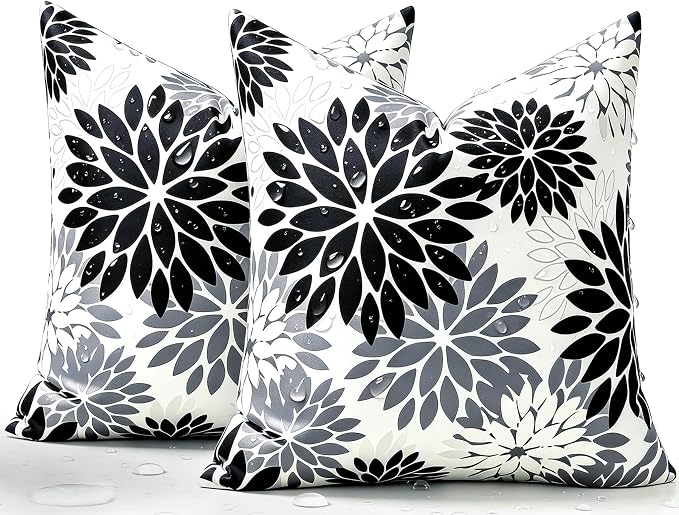 Black and Gray Dahlia Throw Pillow Covers Set of 2 Outdoor Waterproof Pillow Case 20x20 Inches Decorative Cushion Covers Spring Summer for Tent Patio Garden Living Room Sofa Bedroom