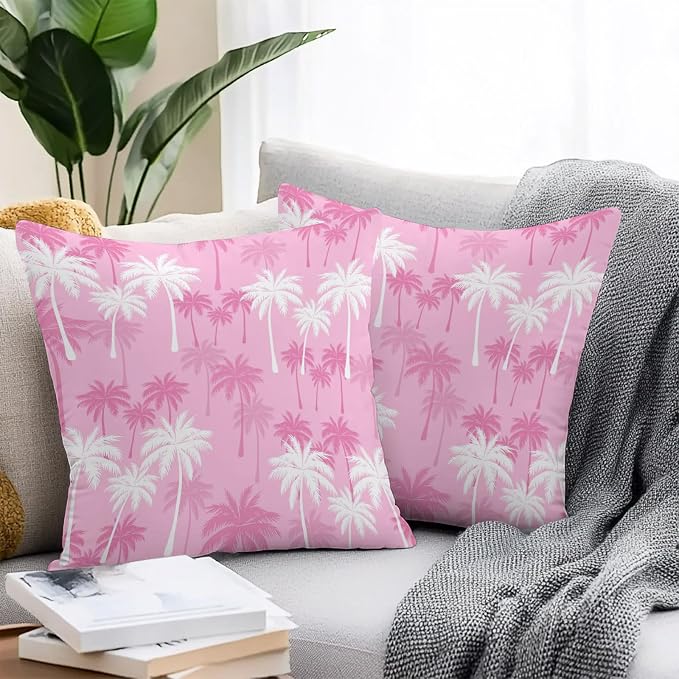 Throw Pillow Covers 24x24 Inch Set of 2, Tropical Palm Tree Waterproof Outdoor Pillow Covers, Magenta Pink Plants Coastal Leaf Beach Decorative Cushion Pillowcases for Couch, Sofa, Bed, Garden, Patio