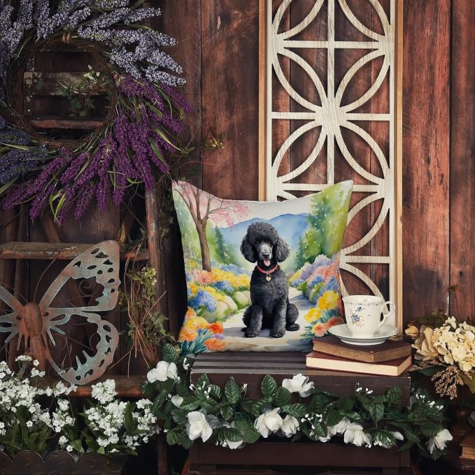Caroline's Treasures Black Poodle Spring Path Throw Pillow Machine Washable, Indoor Outdoor Decorative Pillow for Couch, Bed or Patio, 18Hx18W