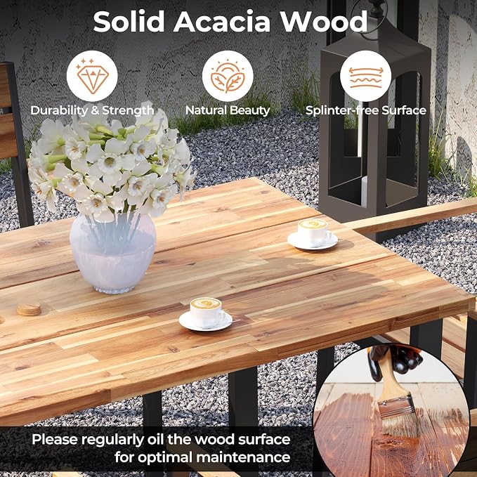HAPPYGRILL 7 Pieces Acacia Wood Patio Dining Set with Metal Frame, Space-Saving Outdoor Furniture Set with 6 Stackable Armchairs and 63” Rectangular Table with 2” Umbrella Hole for Garden, Deck, Yard