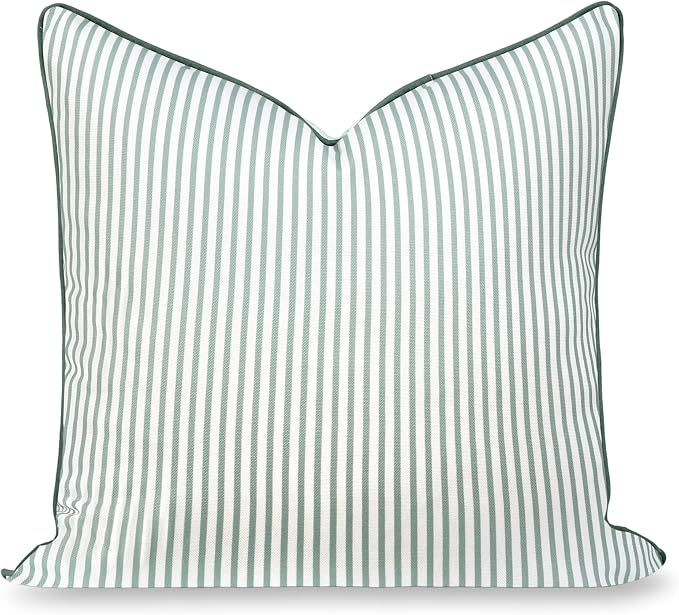 Hofdeco Premium Coastal Grandmillennial Patio Indoor Outdoor Throw Pillow Cover Only, 20"x20" Water Repellent for Backyard, Couch, Poolside, Celadon Green Print Stripes