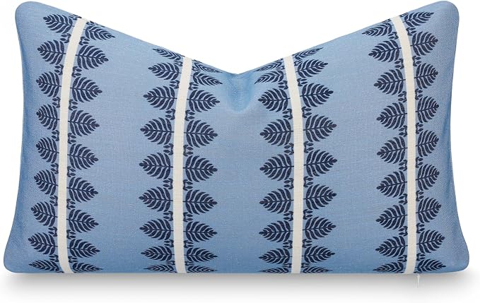 California Casual Coastal Indoor Outdoor Lumbar Pillow Cover, 12"x20" Water Repellent for Patio, Backyard, Couch, Poolside, Dark Navy Blue Print Leaves Stripes