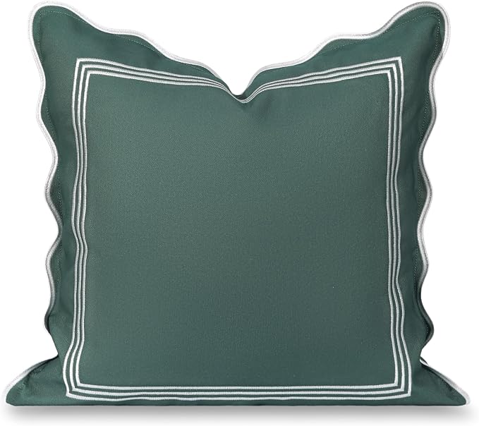 Hofdeco Premium Coastal Grandmillennial Scalloped Patio Indoor Outdoor Throw Pillow Cover Only, 20"x20" Water Repellent for Backyard, Couch, Poolside, Forest Green Embroidered Frame