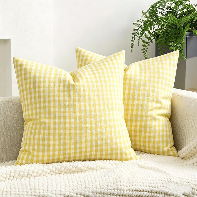 Summer Outdoor Waterproof Throw Pillow Covers 20x20 Set of 2, Yellow and White Plaid Pillow Cases Boho Gingham Farmhouse Cushion Covers for Couch Balcony Patio Garden
