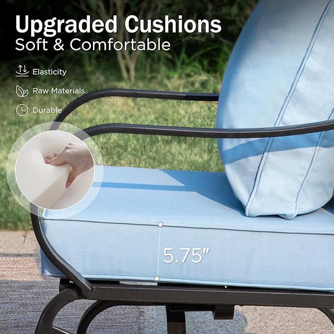 PHI VILLA 7 PCS Patio Furniture Set,Metal Outdoor Furniture with 1x 3 Seater Cushioned Deep Seating Bench Sofa, 2 Swivel Chair, 2 x Leg Sofa Chairs & 2 Ottoman for 7 Person, Light Blue