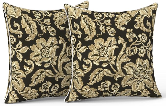 LVTXIII Outdoor Throw Pillows 18x18 Patio Waterproof Square Pillows with Piping Fade Resistant Accent Pillow for Spring Summer Garden Decoration, Set of 2, Jacobean Black