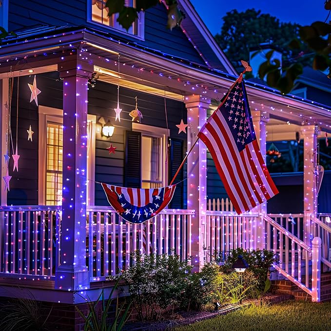 JMEXSUSS 2 Pack Solar Fairy Lights, Each 100 LED 33FT, Red White and Blue | Outdoor Waterproof, 4th of July Solar String Lights for Independence Day Outside Patio Yard Garden Decorations