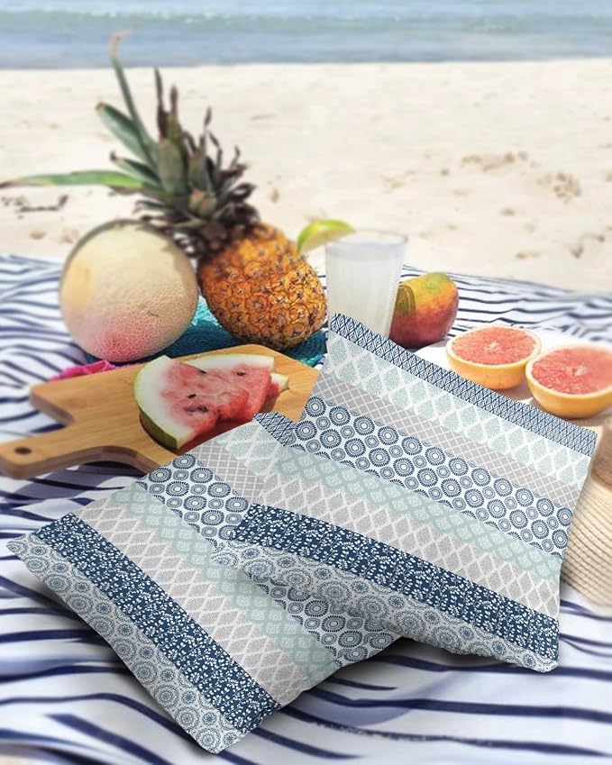 Outdoor Waterproof Throw Pillow Covers Set of 2 Blue Boho Stripe Tribal Vingtage Lumbar Pillowcases 20x20 Inches Bohemian Style Decorative Pillows Cushion Case Patio Pillows for Couch Bed Garden