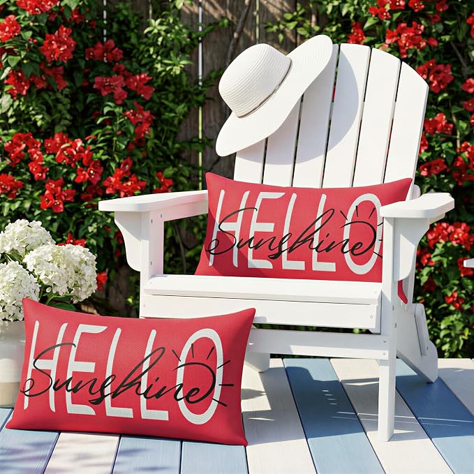 Lewondr Waterproof Outdoor Throw Pillow Cover, 12×20", Red | 2 Pack, Hello Sunshine Printing, Summer Garden Decor, For Patio Sofa, Balcony Couch, Bench Porch