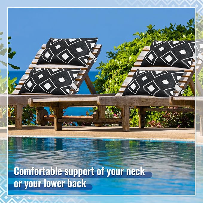 Juexica 2 Pack Chaise Lounge Pillow with Strap Outdoor Waterproof Beach Chair Neck Headrest Pillow Adjustable Elastic Band for Hammock Lumbar Recliner Pillows for Patio Pool Chair(White and Black)