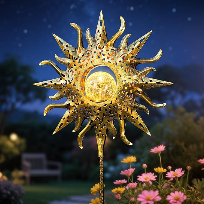 Sun Solar Lights Outdoor Waterproof Metal Garden Stakes for Patio Yard Walkway LawnPatio Mothers Gifts Mom Wife Grandma (Sun)
