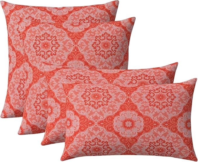 RSH DECOR: Outdura Lumbar & Square Pillows Set of 4 | 20" x 12" & 17" x 17" | Water and Fade-Resistant Fabric | Outdoor Throw Pillows for Patio Furniture | Made in USA (Ayorline Flamin)