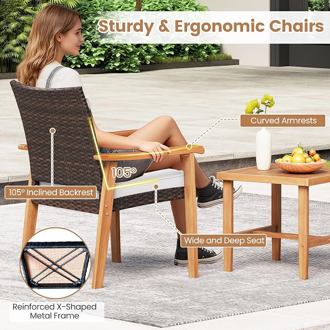 HAPPYGRILL 3 Piece Patio Furniture Set Acacia Wood Chair & Side Table Set with Rattan Seat & Back, Outdoor Wicker Bistro Conversation Set for Balcony, Porch, Backyard