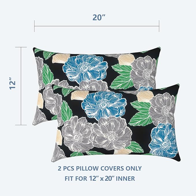 LVTXIII Outdoor/Indoor Lumbar Pillow Covers ONLY, Decorative Patio Lumbar Cushion Covers, Fluffy Water Repellent Garden Cushion Cases for Home Patio Coach Sofa Use, 12x20 Inch, Pack of 2, Peony Garden