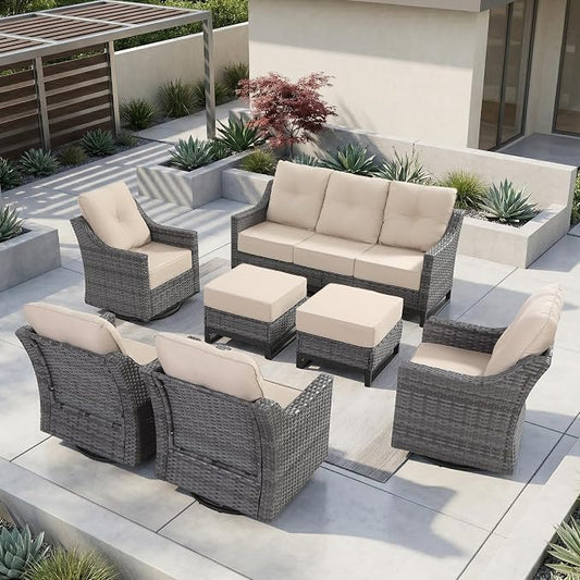 7 Piece Patio Furniture Set, Grey Wicker Outdoor Conversation Set with 4 Swivel Rocker Chairs, Sofa and 2 Ottomans, 6-Inch Thick Cushions, Beige Olefin Covers for Patio and Porch