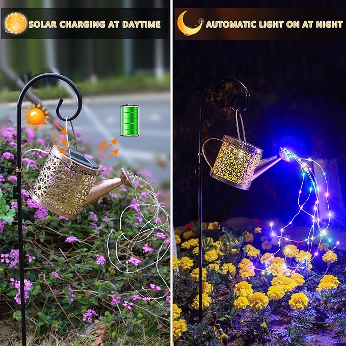 Solar Lights Outdoor Decorative, 2 Pack Metal Solar Watering Can Lights Waterproof, Small Hanging Garden Decor Yard Lights Outside Patio Lawn, Gifts for Mom Grandma Women Birthday(Colorful)