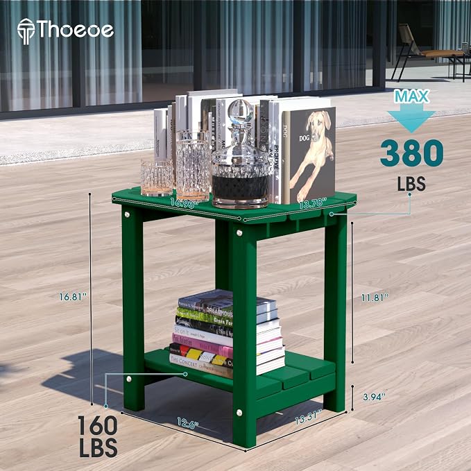 THOEOE Adirondack Outdoor Side Table, 2-Tier Sturdy Patio End Table Weather Resistant, Morden Side Table for Patio, Pool, Porch, Green