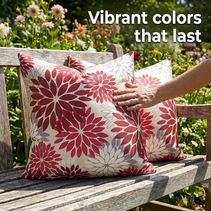 Set of 2 Dahlia Throw Pillow Covers Outdoor Pillows Waterproof 20x20 Inch Red and Pink Decorative Square Pillowcases With Invisible Zipper for Living Room Patio Garden FarmhouseTent Couch Bench