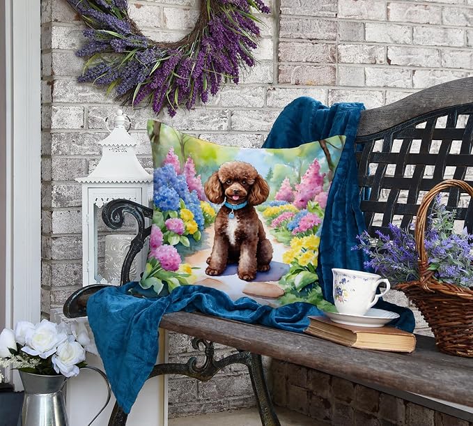 Caroline's Treasures Chocolate Poodle Spring Path Throw Pillow Machine Washable, Indoor Outdoor Decorative Pillow for Couch, Bed or Patio, 18Hx18W