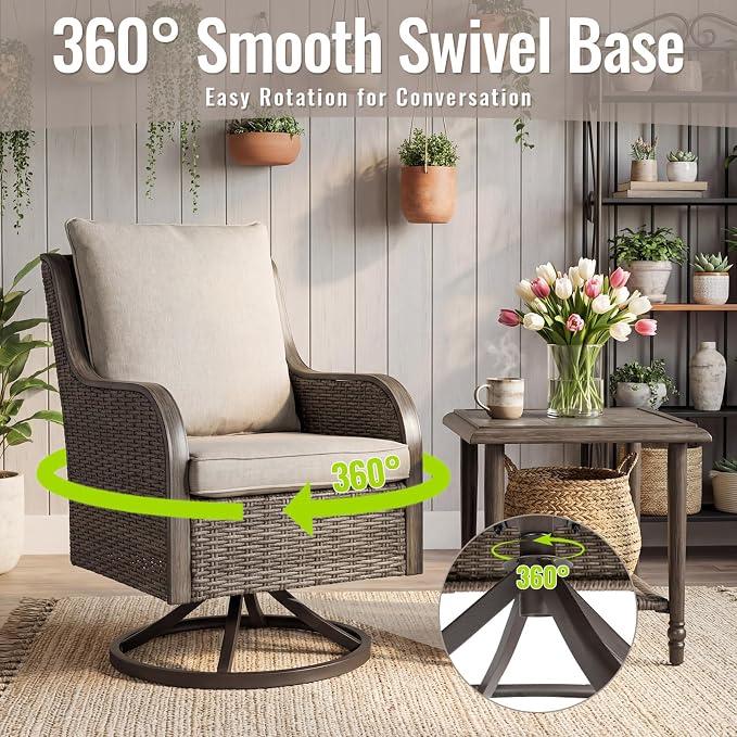 3 Pieces Patio Furniture Sets-Swivel Patio Chairs with High Back Cushions and Wicker Outdoor Side Table,All Weather Patio Conversation Set for Garden Backyard Porch Deck