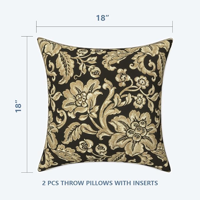 LVTXIII Outdoor Throw Pillows 18x18 Patio Waterproof Square Pillows with Piping Fade Resistant Accent Pillow for Spring Summer Garden Decoration, Set of 2, Jacobean Black