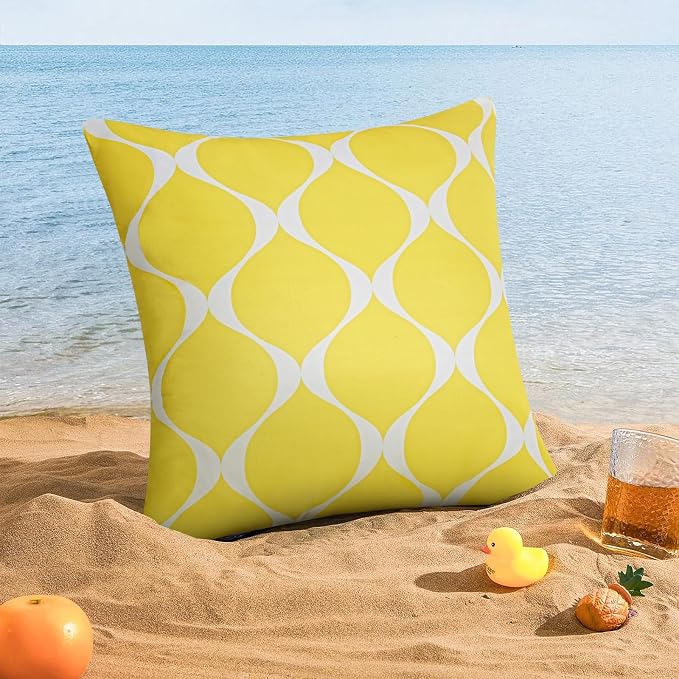 Merrycolor Outdoor Pillows Cover Waterproof Set of 2 Modern Geometric Patterns Yellow and White 18x18 Inches for Patio Furniture Couch Outdoor Throw Pillow Covers for Couch