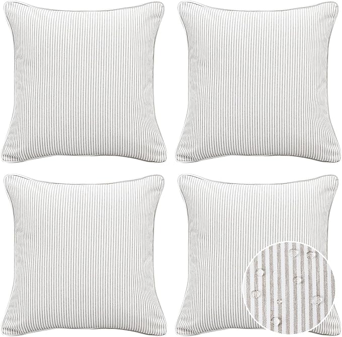 Decorative Outdoor Water Repellent Throw Pillows with Inserts, Set of 4, 18" x18" Pillows for Patio, Backyard, Bed, Couch, and Patio Furniture, Tan Stripe