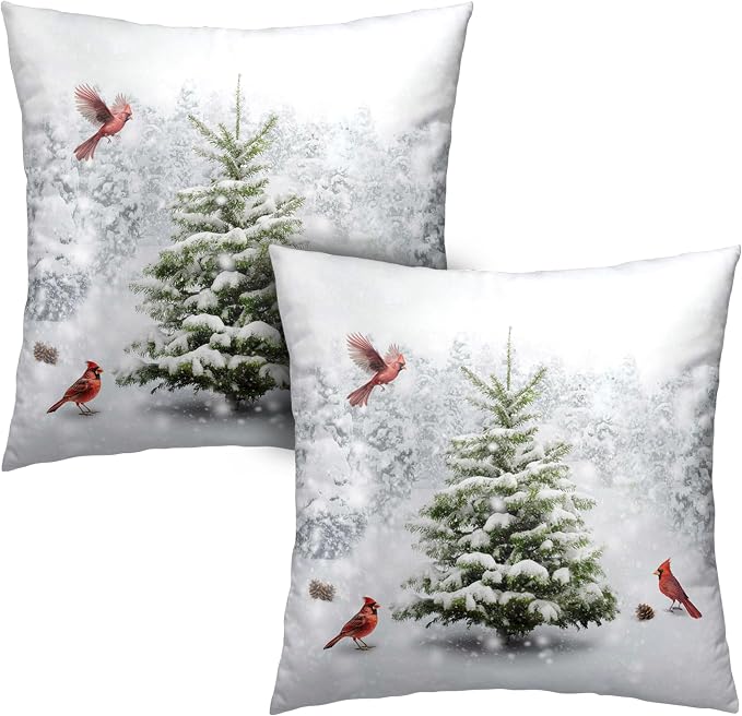 Winter Christmas Pillow Covers Snowy Natural Forest Decorative Pillow Case 22x22 Green Pine Tree with Cardinal Birds Cushion Case for Couch Living Room Patio,2 Pack
