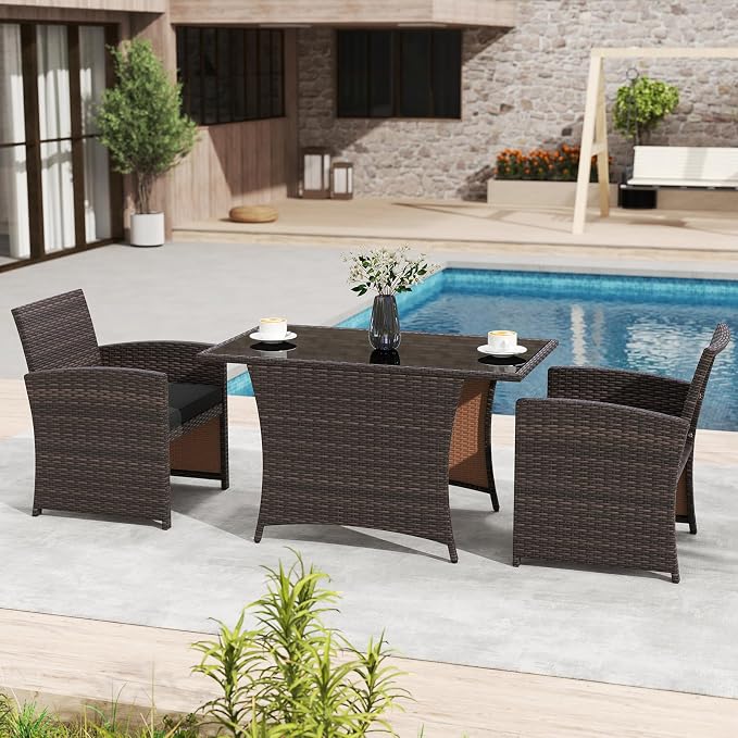 HAPPYGRILL 3 Pieces Patio Wicker Dining Set, Balcony Furniture Set w/Tempered Glass Dining Table, 2 Chairs, Comfy Cushions, Space-Saving Dining Set for Small Spaces, Perfect for Garden, Backyard