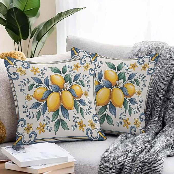 Throw Pillow Covers 20x20 Inch Set of 2, Yellow Blue Lemon Waterproof Outdoor Cushion Covers, Summer Botanical Watercolor Decorative Pillowcases for Couch, Sofa, Bed, Garden, Patio