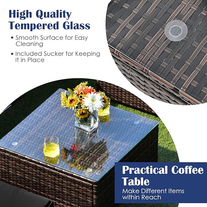HAPPYGRILL 6 Pieces Outdoor Patio Furniture Set, PE Rattan Conversation Set with Tempered Glass Coffee Table and Cozy Cushions, Weather Resistant Sectional Sofa Set, Black