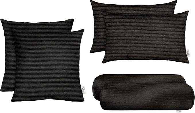 RSH DECOR Set of 6 Outdoor Pillow, Outdoor Pillows for Patio, Pillows w/Polyester Pillow Cases | Water & Fade Resistant Fabric | 17" Square, 20x12 Lumbar, 20x6 Neck Roll - Herringbone Black Stripe