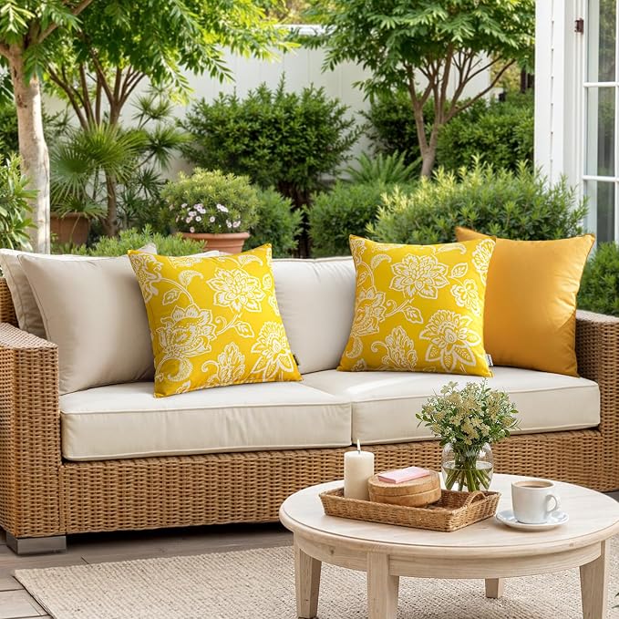 Decorative Outdoor Floral Pillow Covers Set of 2 18x18 Yellow | Waterproof Boho Farmhouse,Decorative Throw Pillow Covers,Summer Coastal Accent Pillowcases,Patio Furniture Garden Sofa