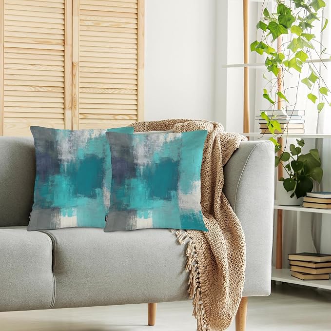 Swono Abstract Painting Throws Pillows Covers for Couch, Graffiti Turquoise Grey Brush Decorative Pillow Cases for Men Women, Comfortable Pillow Cushion Cover Pack of 2 18"X18" for Home Sofa Bed